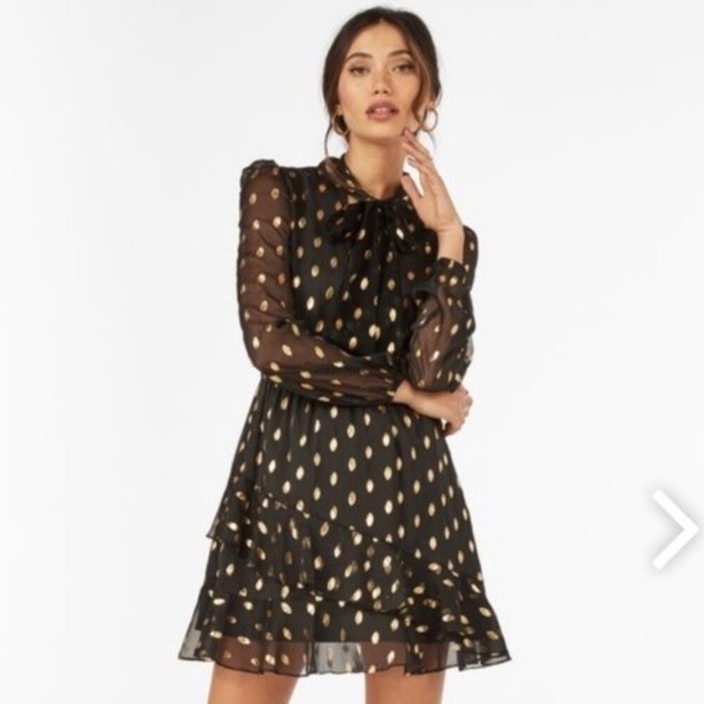 Idem Ditto Chiffon Ruffle Black Gold Dress  L NWT